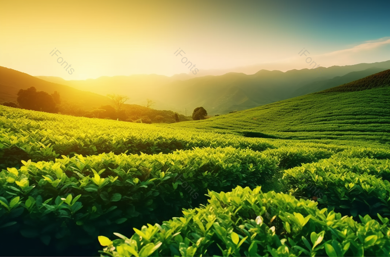 日出日落时分阳光照亮绿色的茶园茶树枝繁叶茂田园风光无人的场景图像摄影,高清,摄影图,摄影图片,图片大全,摄影图免费下载